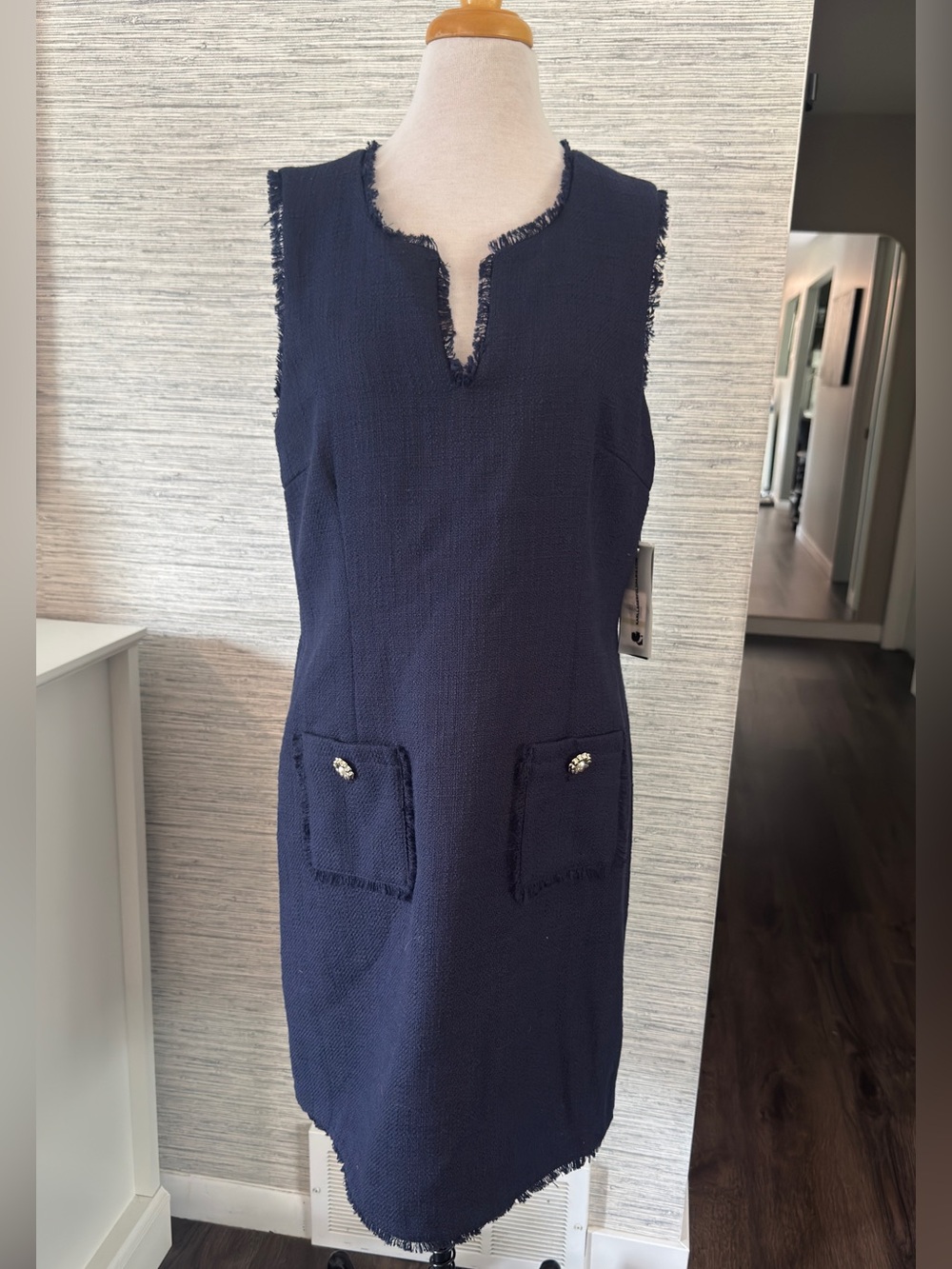 Karl Lagerfeld Navy Sleeveless Shift Dress with Frayed Trim